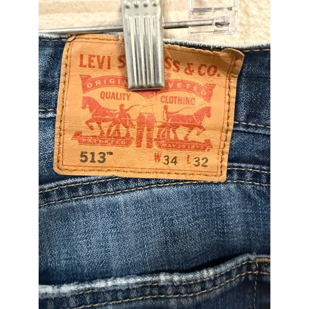 Levi's 513 Mens Jeans 34x32 Slim Straight Blue Distressed Ripped